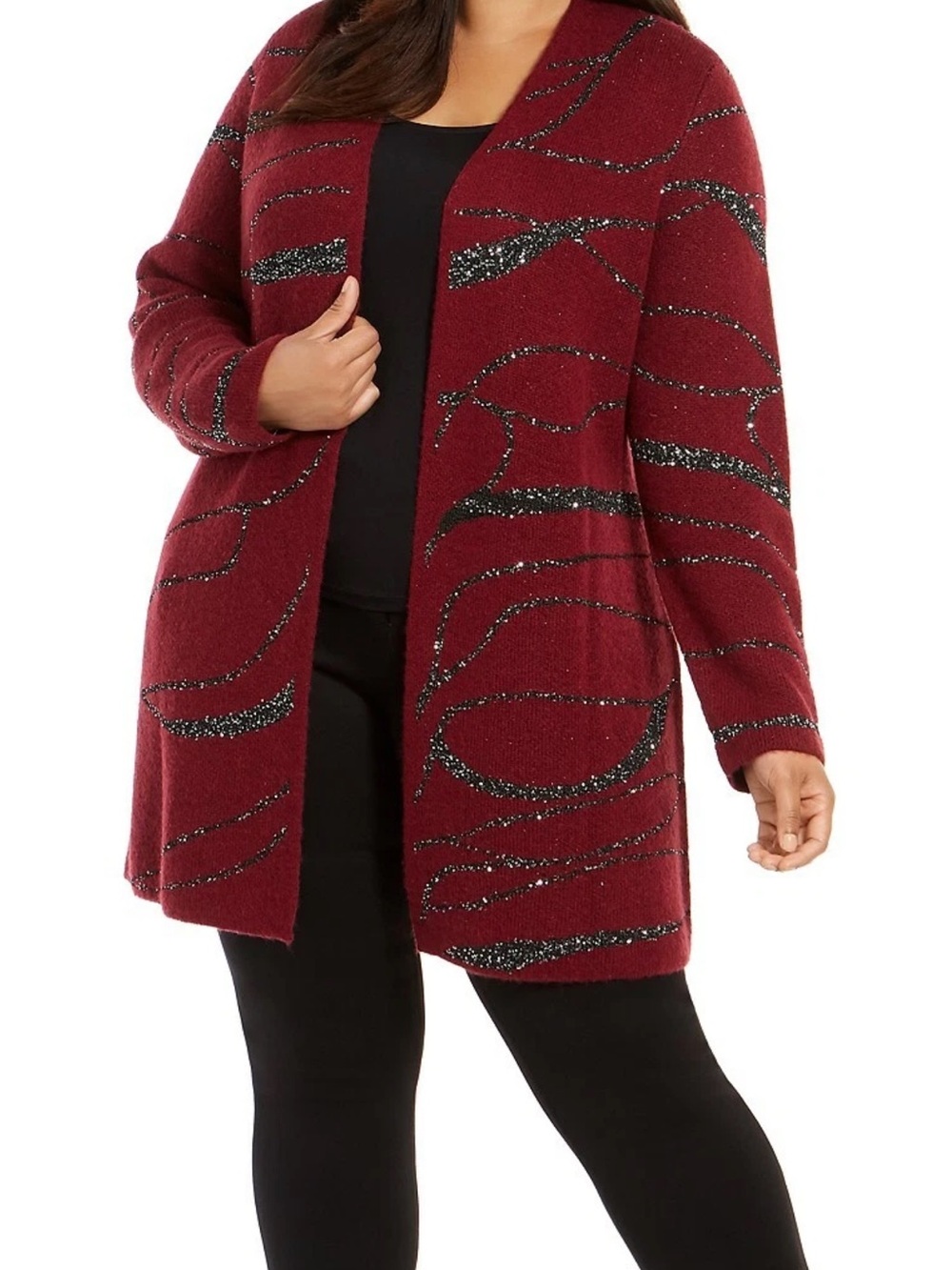 Alfani Women’s Burgundy Open Front Cardigan Sweater with Metallic Sequin Accents